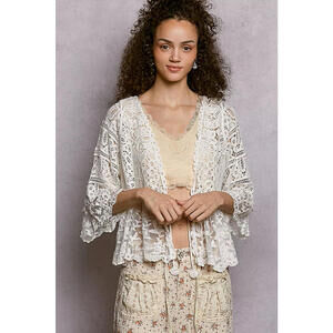 Floral Lace Short Sleeve Crochet Cardigan with Tassel Tie